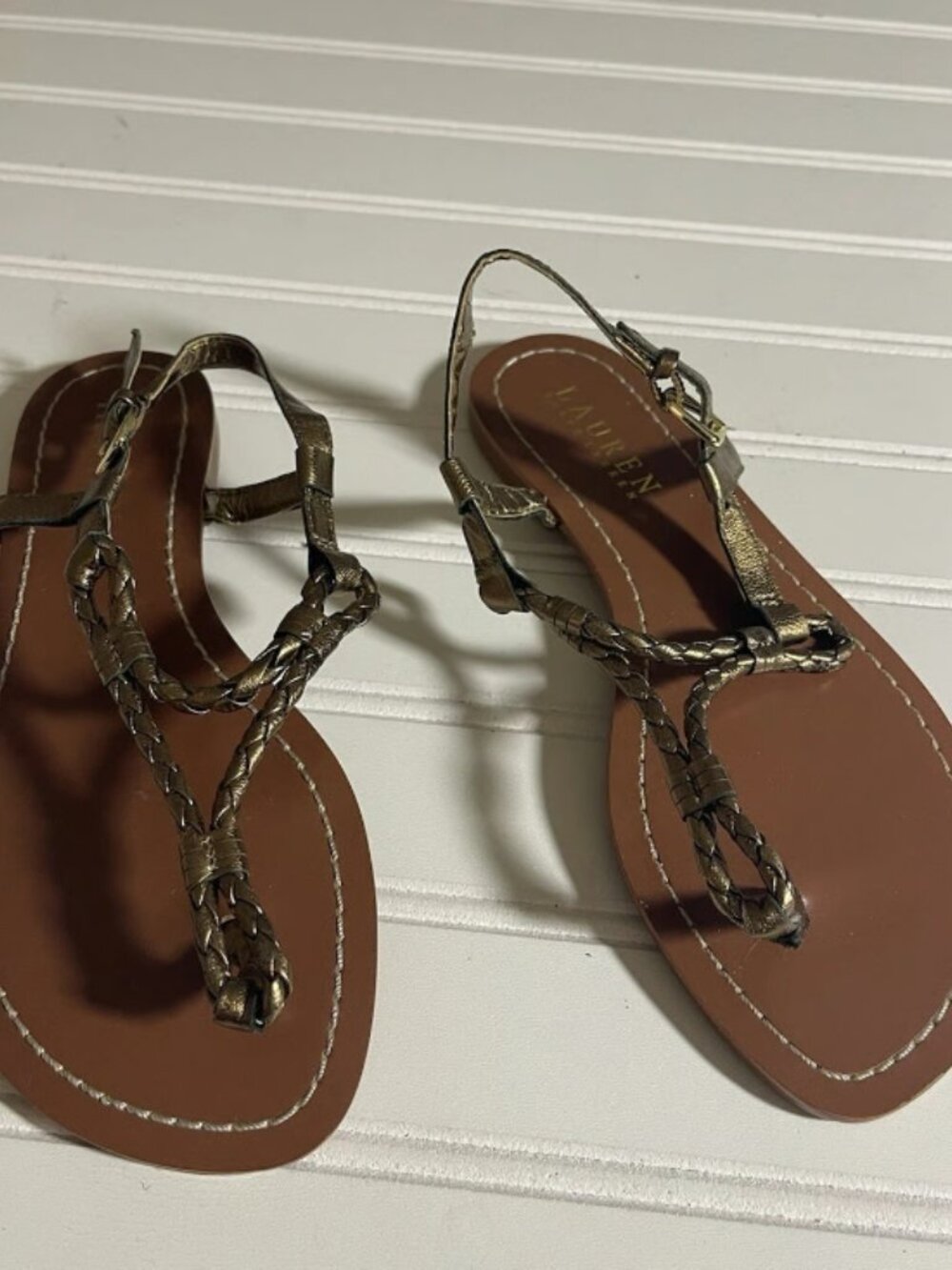 Lauren Ralph Lauren Leather Braided Slingback Thong Sandals Women's 5.5B Gold - Picture 12 of 12